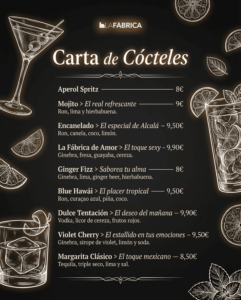 Carta de cócteles de La Fábrica