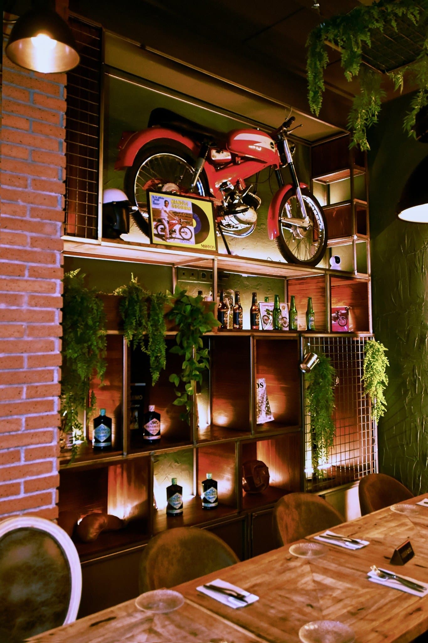 Estantería con la moto roja, plantas y botellas
